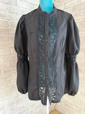 SHEIN Black Lace-Trim Button Down Blouse